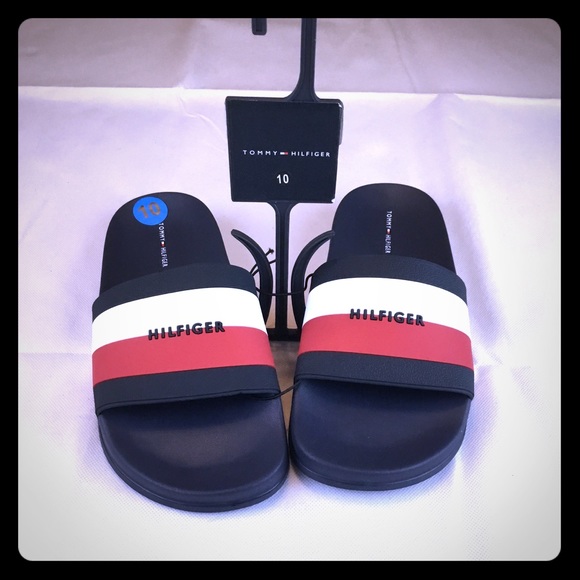NEW SIZE 12-13 MEN Tommy Hilfiger Logo USA Slides Sandals Slipper RED WHITE BLUE